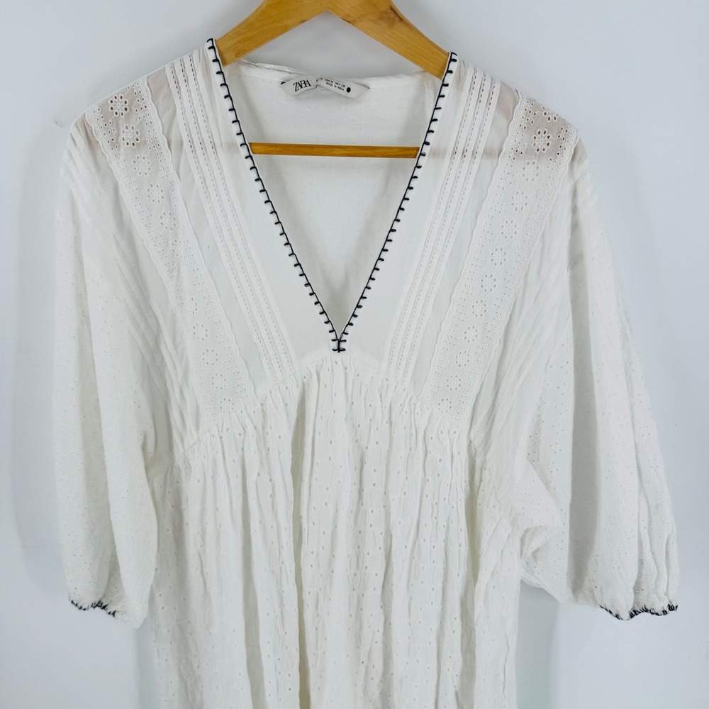 Zara White Eyelet Peasant Mini Dress Size M Boho Embroidered Puff Sleeve Cottage - Picture 4 of 8